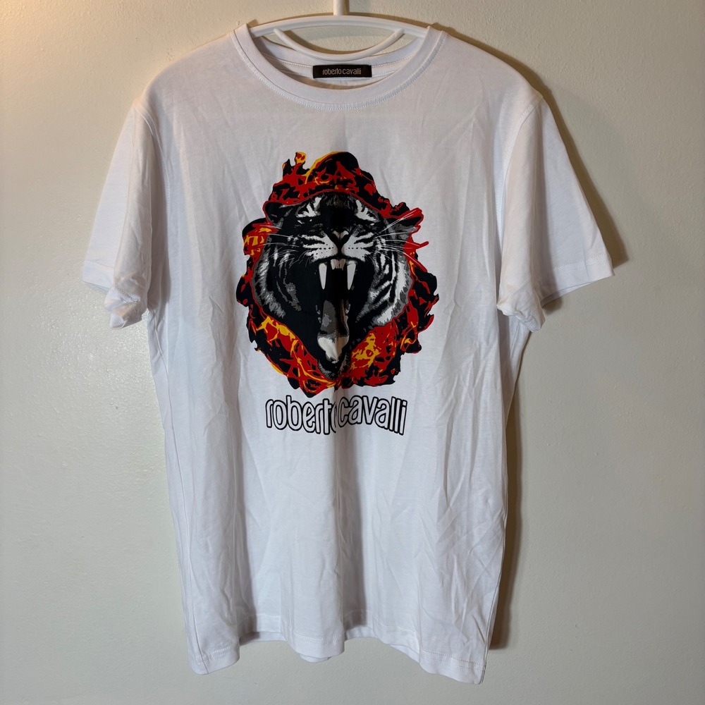 Roberto Cavalli Signature Striking Tiger Graphic T-Shirt Mens Size Small White